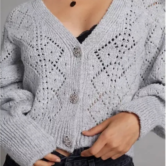NWOT Anthropologie Pointelle Puff Sleeves Jewel Buttons V-Neck Cardigan - Picture 3 of 13